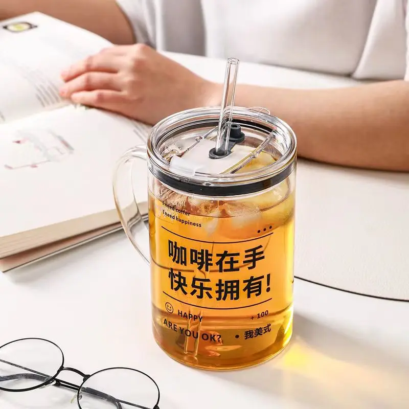 1000 ml High borosilicate glass cup with lids and straws,large belly cup, milk cup, heat-resistant glass handle cup