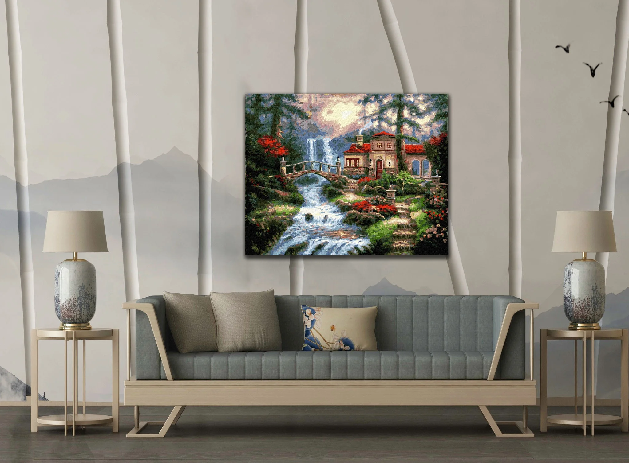 Paint boy Forest villa scenery oil painting digital diy waterfall landscape painting 40*50cm  decorative painting