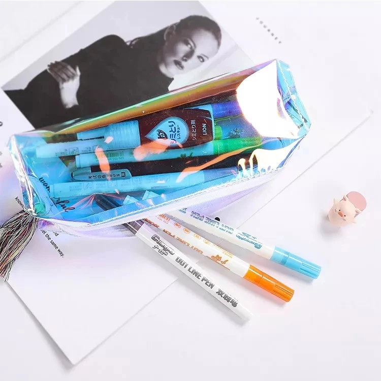 Holographic PVC Pencil Storage Bag Colorful Laser Stationery Pencil Case With Tassel