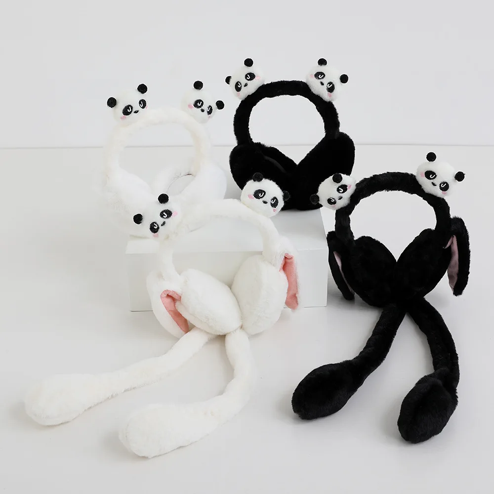 Funny Faux Panda Fur Winter Earmuffs Cute Foldable Ear Muffs Headband Windproof Ear Warmer Kids Earmuffs Airbag Moving Ears