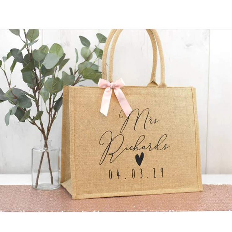 Lamination burlap custom logo color eco friendly grocery tote bags reusable sac en wedding gift jute shopping bag