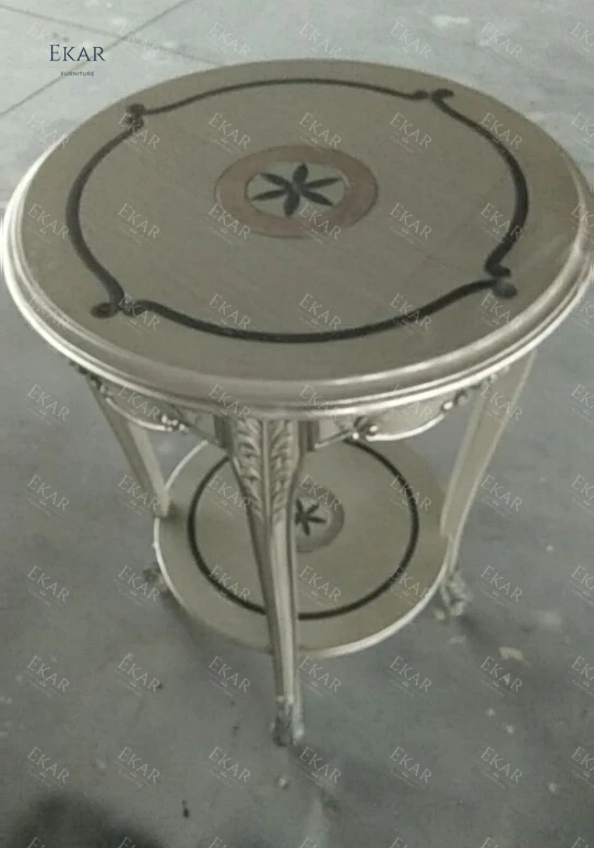 Luxury French Style Classic Living Room Furniture Carved Gray Round MDF Top Wooden Sofa Side Table Antique Corner Table