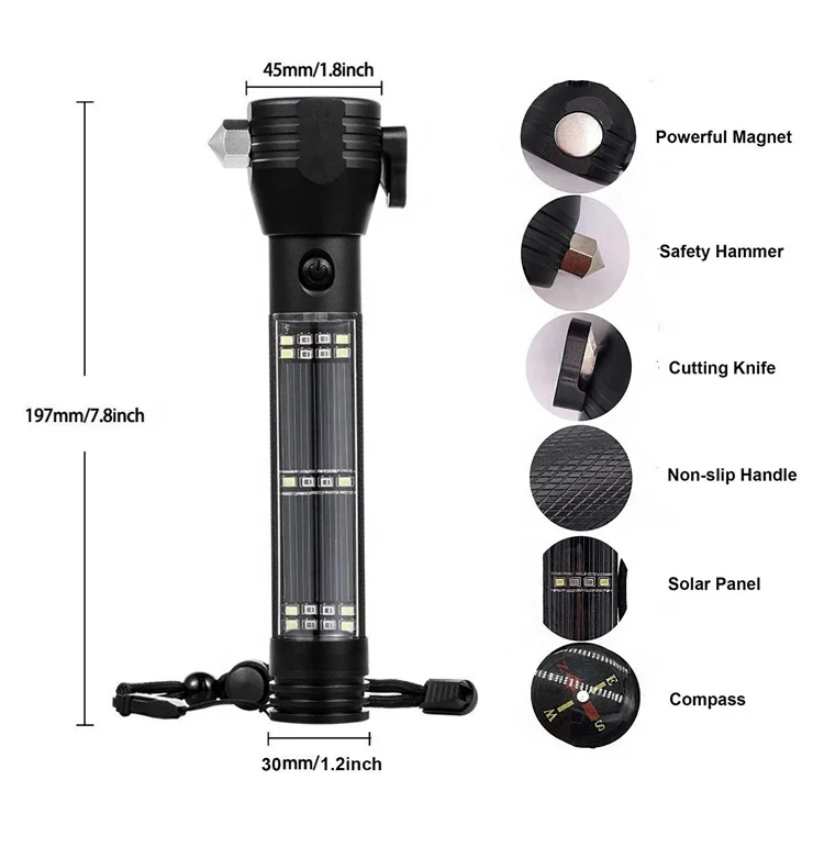Compass Auto Car Window Breaker Hammer Emergency Tool Rechargeable Led Torch Safety Working Camping Solar Power Bank Flashlight
