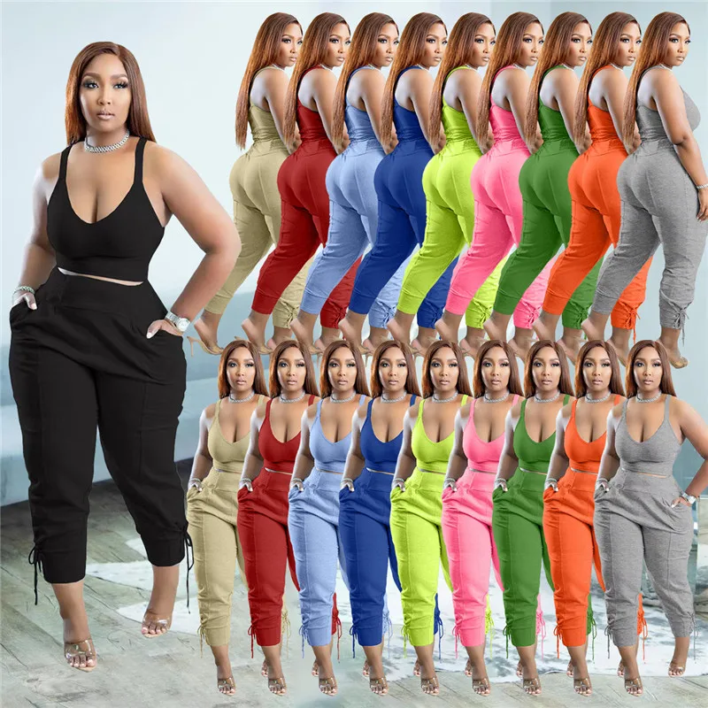 Womens Sexy Camisole V Neck Sleeveless Shirt Tops Trouser Suits Solid Color Jogging Pants Tracksuits Women Two Piece Sets