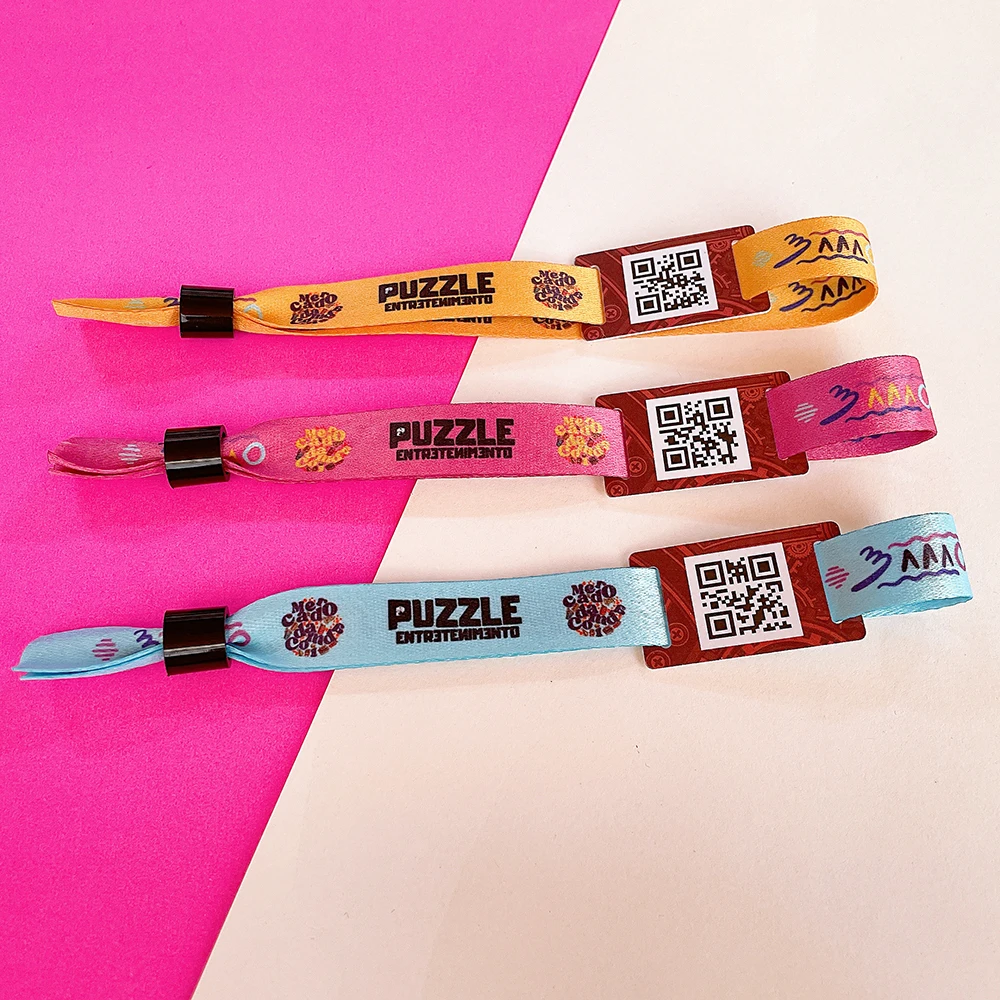 Customized club ribbon fabric wristband custom holographic VIP ticket event bracelet