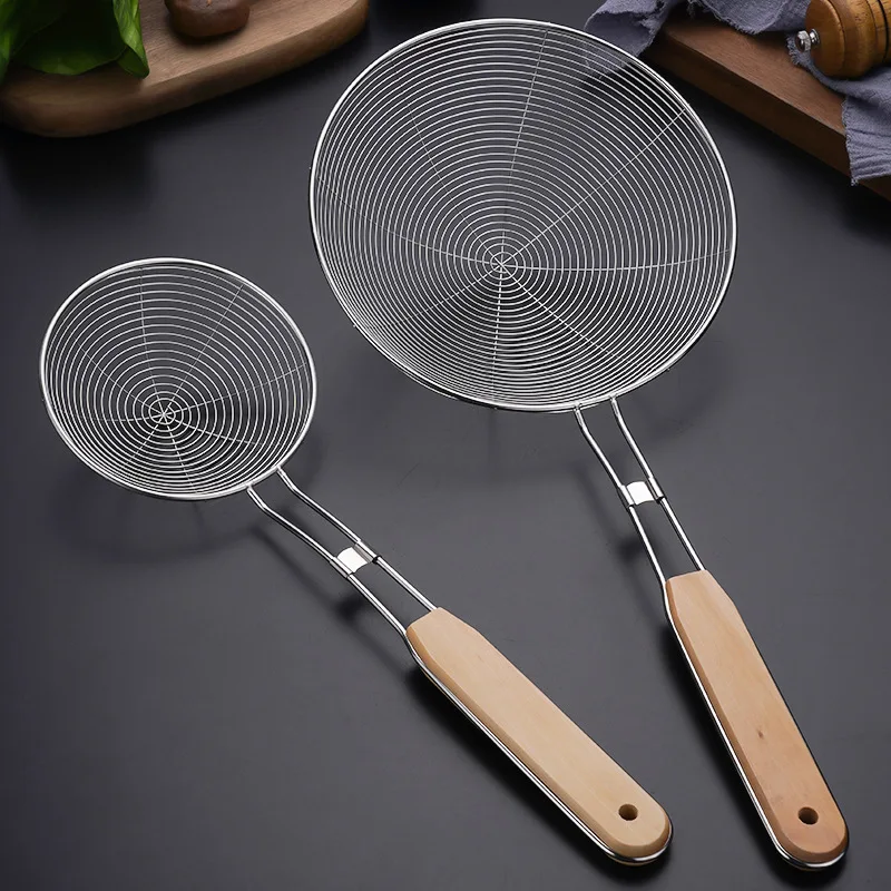 Лидер продаж кухонная утварь деревянная ручка Дуршлаг Из Нержавеющей Стали ковш сепаратор масла для жарки шумовка ситечко