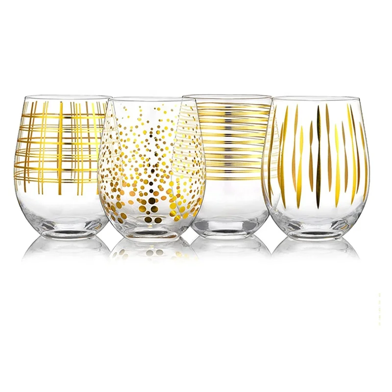 HGCH  Set of 4 Hand Blown Gold Dots Stemless Wine Glasses Large Drinking Glass Cups for Wedding Party Home