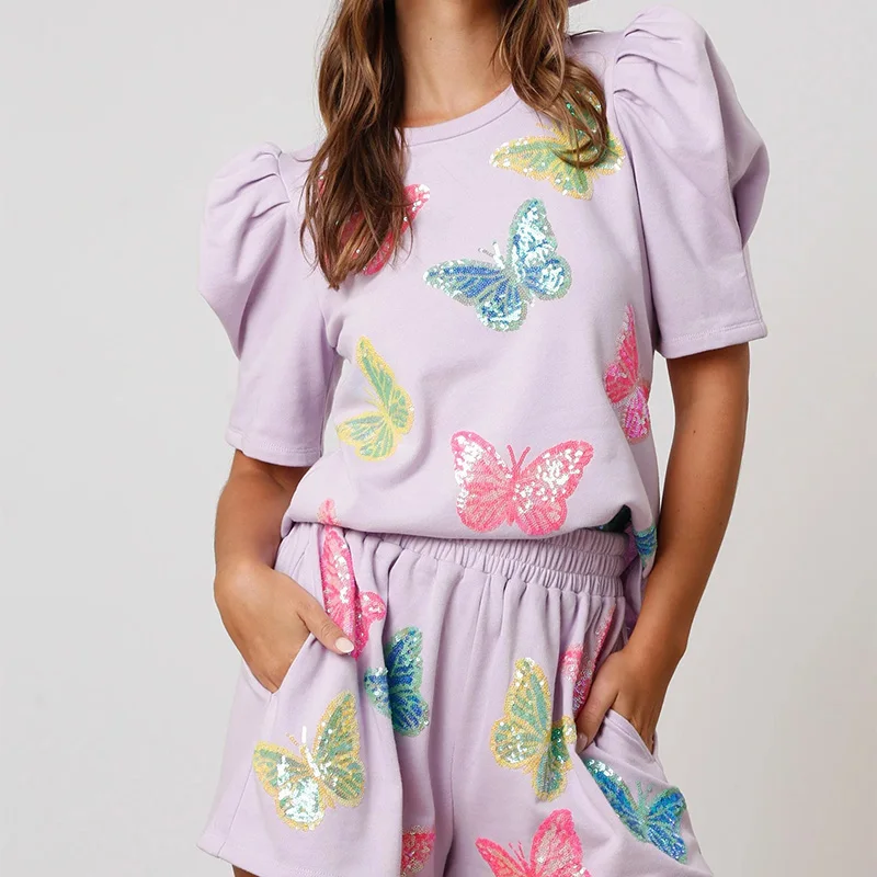 Wholesale Women Summer Sweet Crew Neck  T-shirt Sequin Butterfly Short Puff Sleeve Tee