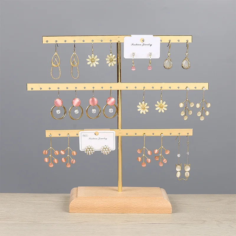 Creative 52 Holes Earring Display Holder Metal 3 Layers Jewelry Storage Organizer Wood Base Stand