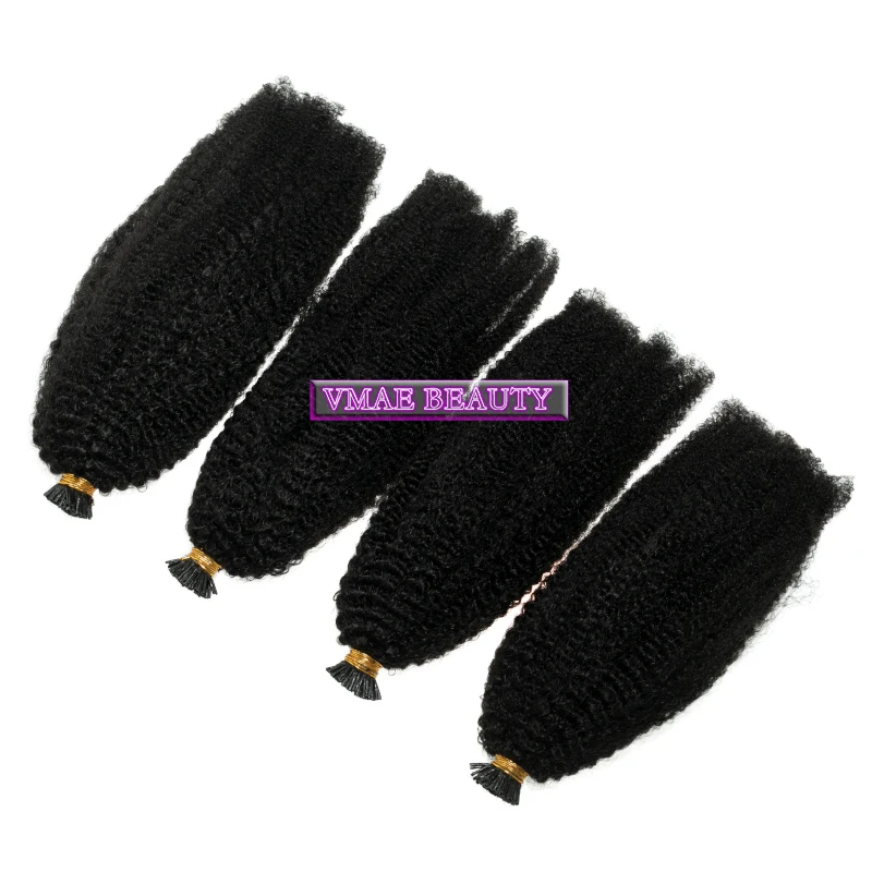 Vmae Factory Natural Black 4A 4B 4C Afro Kinky Curly 100g Yaki Hair Extension Prebonded I tip Stick Virgin Human Extensions