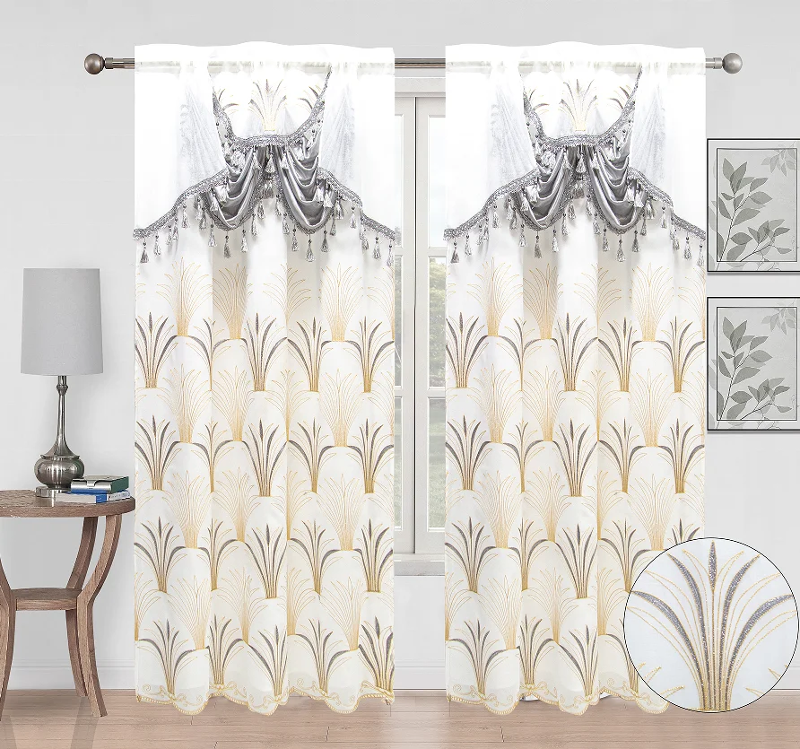 Hot selling double layer luxury window curtain elegant sheer embroidery tulle ready made valance curtain for living room