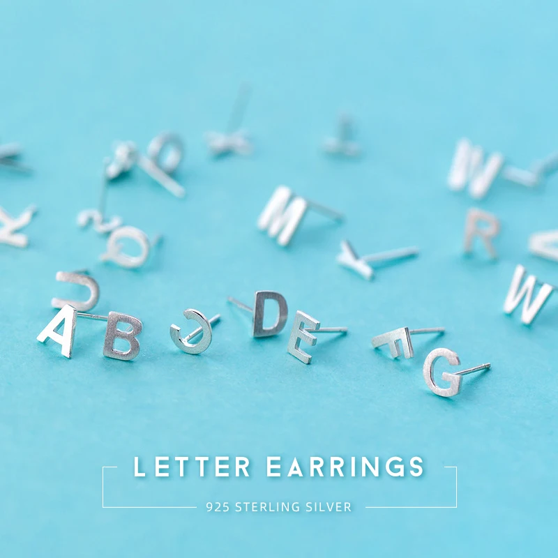 925 Sterling Silver Trendy Exquisite 26 English Letters Small Stud Earrings For Women Fine Jewelry Accessories