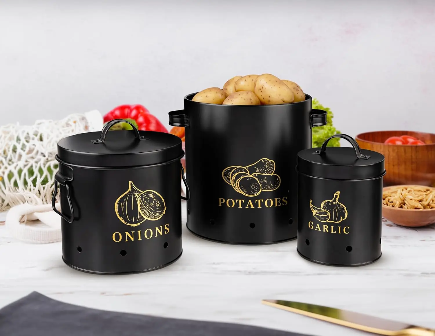 Set of 3 Kitchen Pantry Organizer and Tin Vegetable Keeper - Vintage White