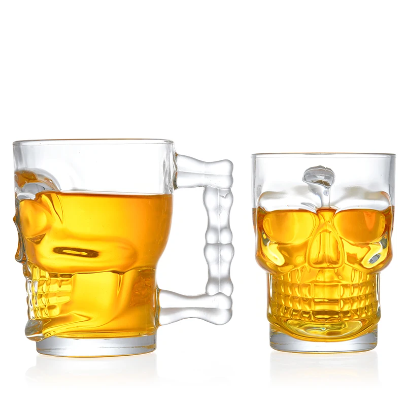 Wholesale skull shaped clear empty 500ml glass brandy vodka beer cup glass wine cup with handle