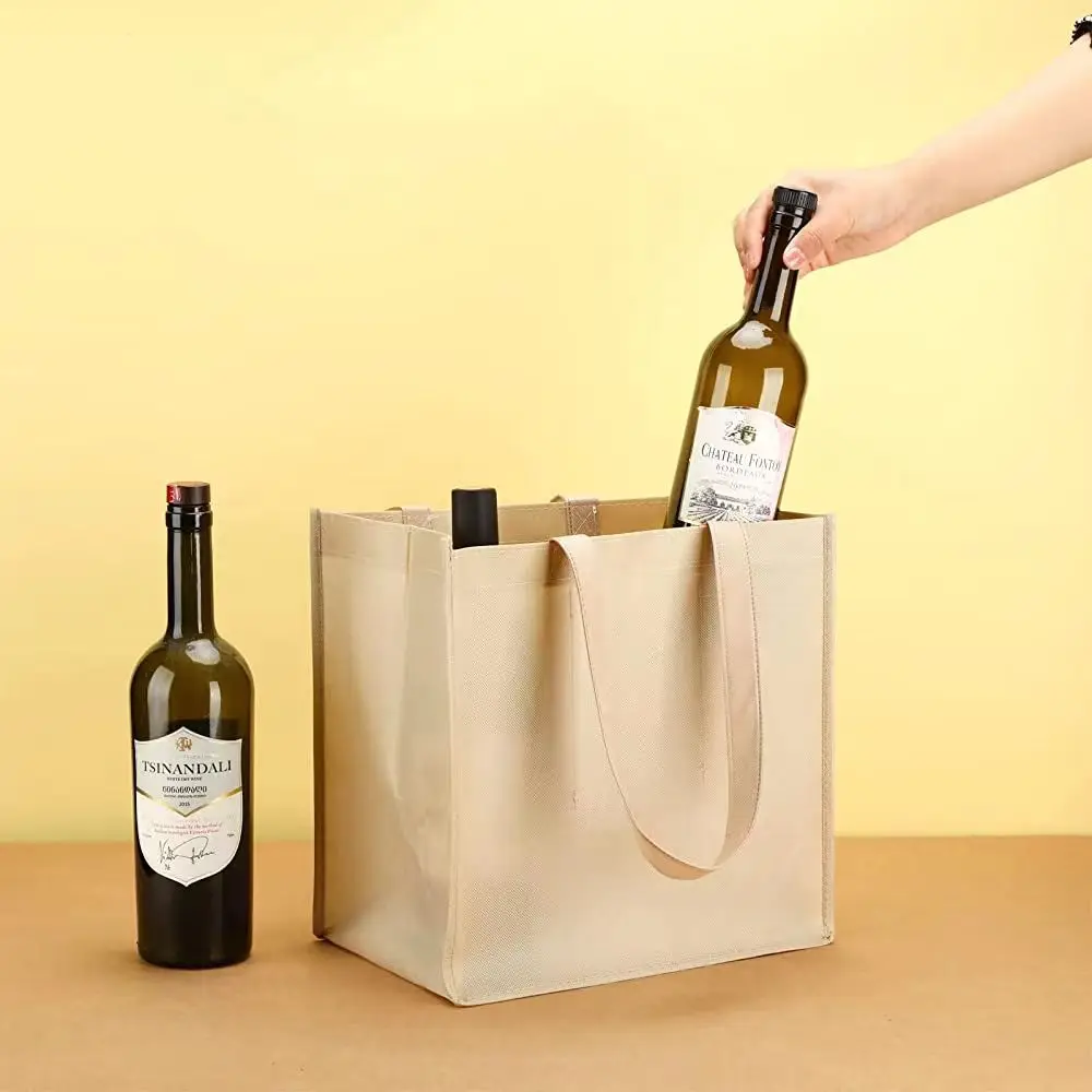 6 Bottle Wine Carrier Tote Non Woven Fabric Holiday Wine Bottle Gift Bags Reusable Grocery Bags for Travel Camping Picnic