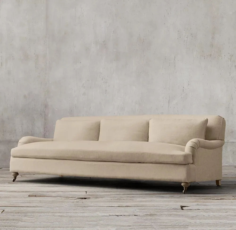 Living Room European Style Classic Roll Arm 3 Seater Linen Velvet Fabric Sofa Set