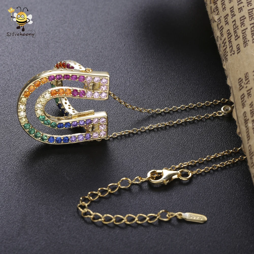 2020 Most Popular Fashion Sparkling Colorful Diamond AAA CZ Stone Horseshoes Pendant Necklace 925 Sterling Silver