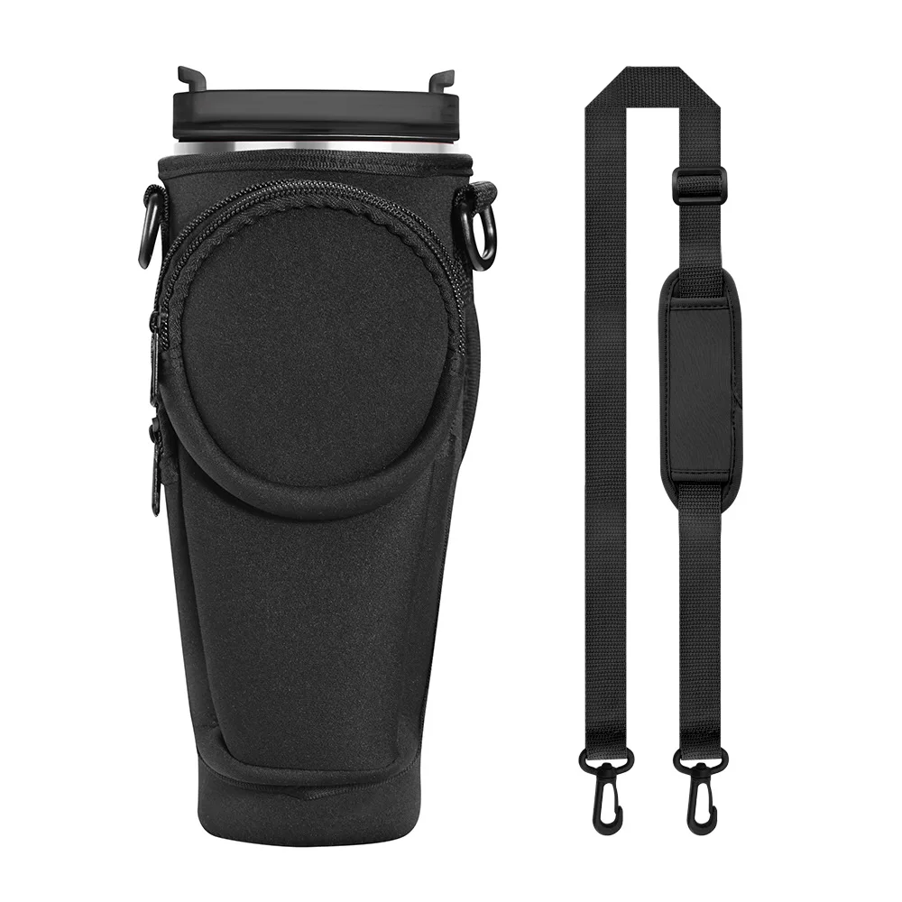 Wholesale Neoprene Water Bottle Insulated Sleeve Adjustable Shoulder Strap 40oz Tumbler Mugs Holder Bag with Zipper Phone pocket
