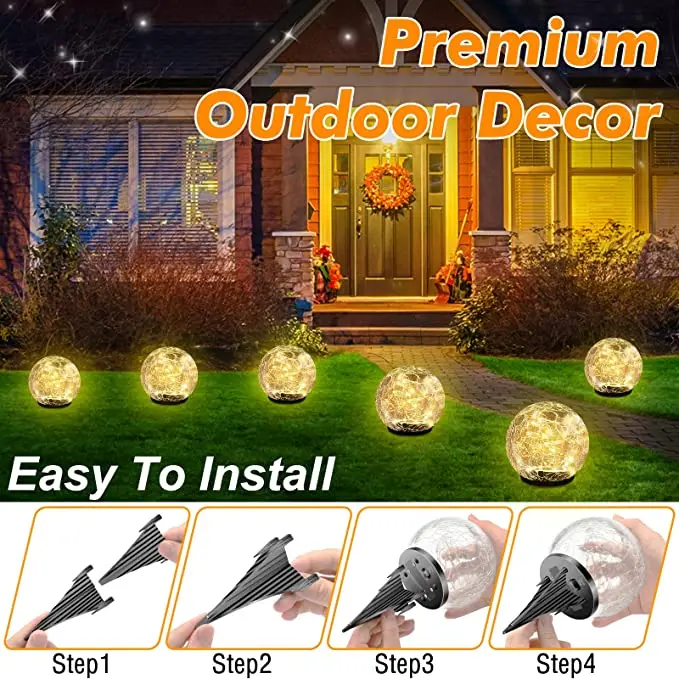 Garden Solar Ball Lights Outdoor Waterproof Cracked Glass Globe Solar Power Ground Lights for Path Yard Patio Lawn