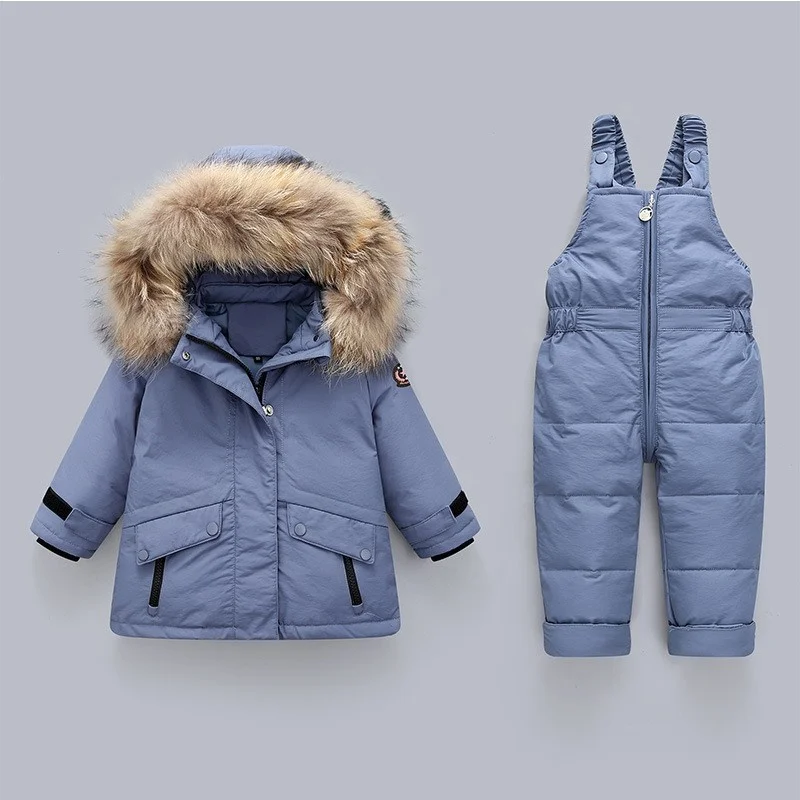 Wholesale Windproof Baby Boy Snowsuit Winter Clothes Toddler Snow Pants and Jacket Kids Girls Down Hoodie Baby Clothes Set Coats
