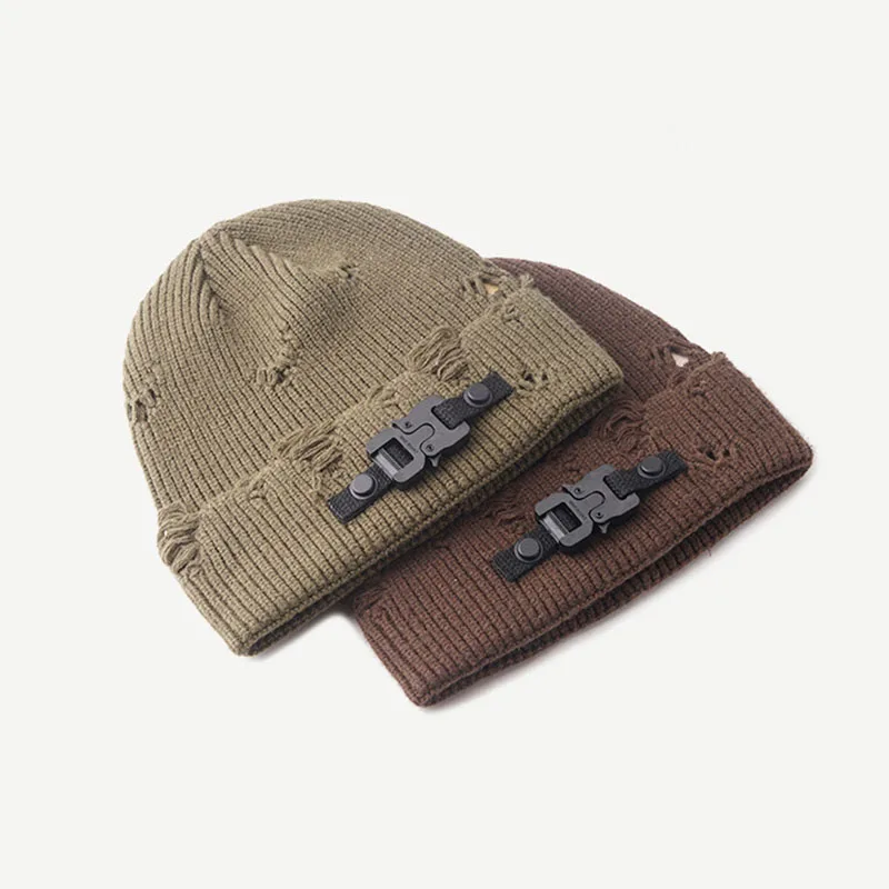 Мужские и женские ретро шапки бини зимние теплые вязаные хип-хоп шапки с отверстиями Проблемные шапки с черепами шапка с пряжкой