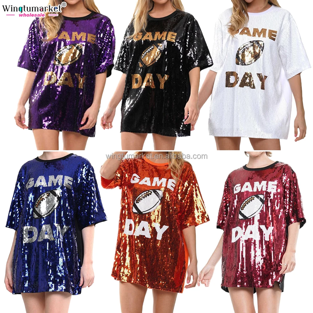 Wholesale cheerleading uniforms glitter t shirt mini dress tiger orange red woman game day sequin football women dresses