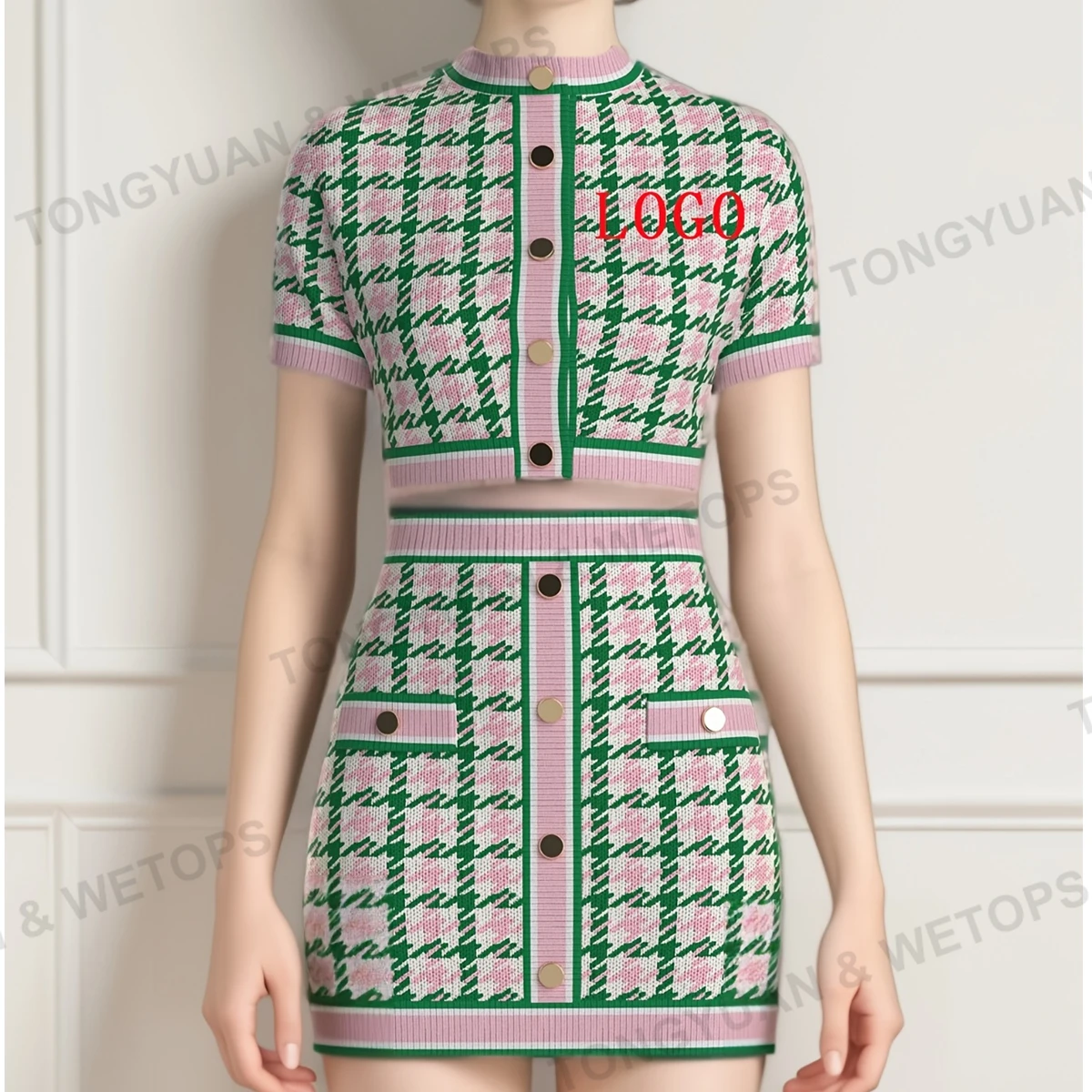 BSCI Custom Clothes Ladies Salmon Pink Apple Green Two-Piece Sweater O-Neck Short Sleeve Cardigan Skirt Knitting Embroidered