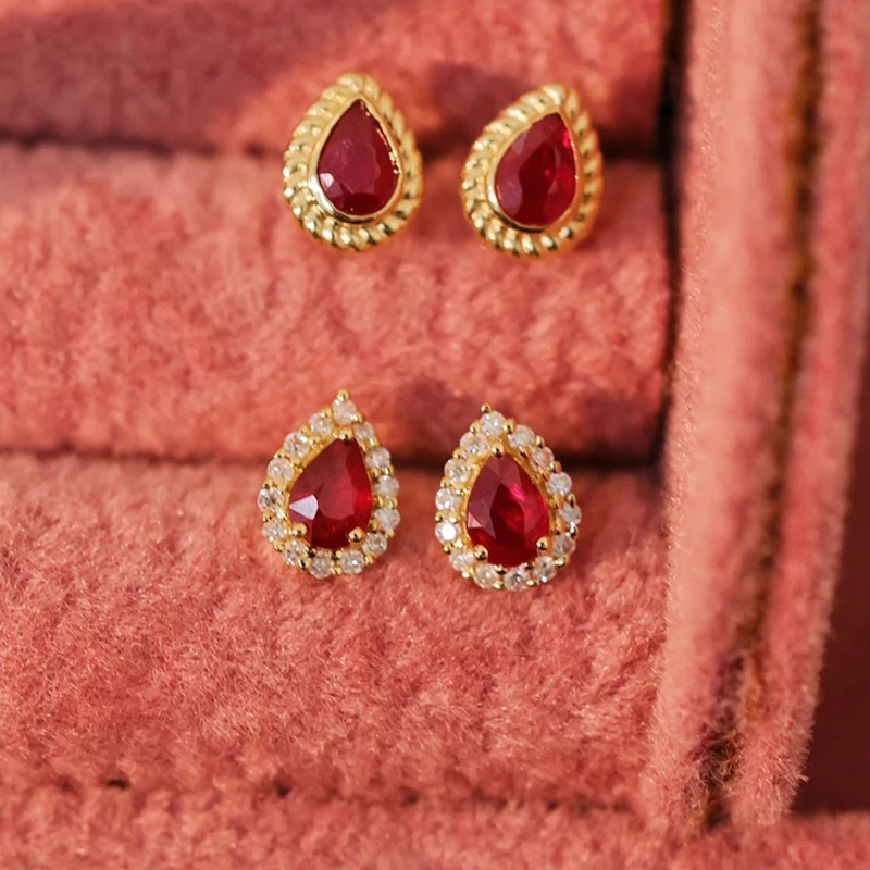 18k Gold Drop Ruby colored jewel earrings for women inlaid with diamonds wrapped in natural pigeon blood earrings