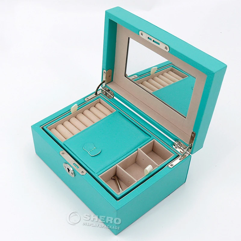 Pu Leather High Capacity Jewelry Storage Case With Mirror 3 Layers Flannel Jewelry Travel Box Big For Women Girls