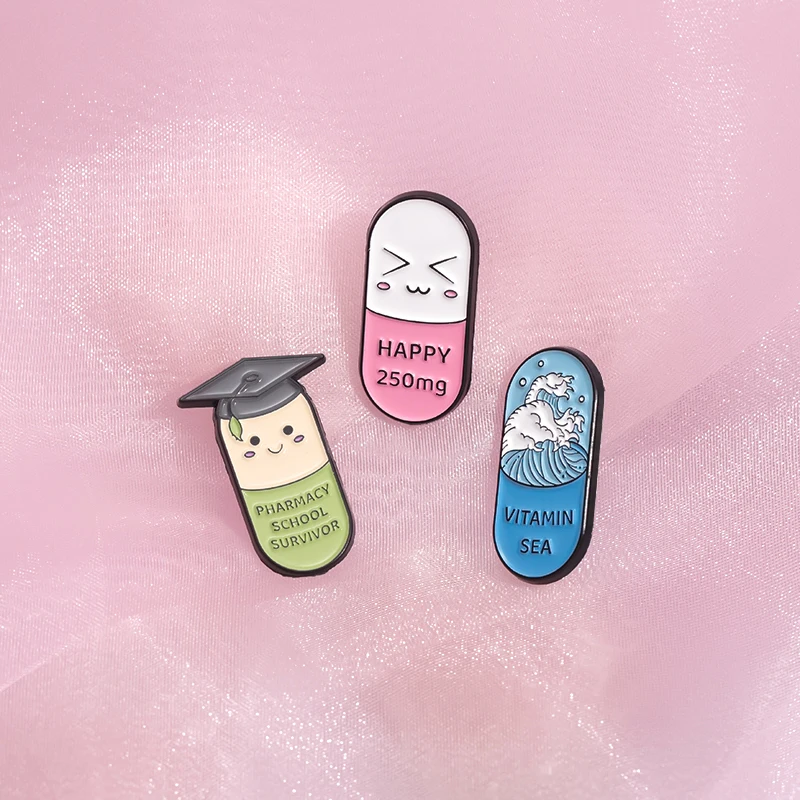 10 Styles Cartoon Funny Pharmacy School Survivor Metal Pins Custom Cat Happy Chill Pill Brooch Medical Enamel Lapel Badges Pin