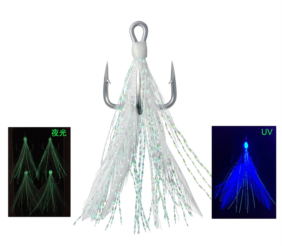 CASTSOON WHL Barbed Tripe Saltwater Luminous 3x Strong High Carbon Steel Feather Treble Fishing Hook