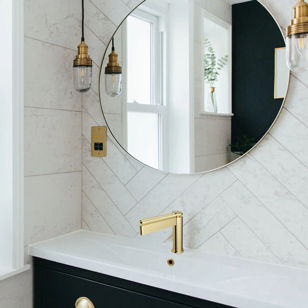 Deck Mounted Sink Faucet 2X 50Cm Flexible Hose Brass Material Brushed Gold Bathroom Single Lever Basin Faucet Mixer