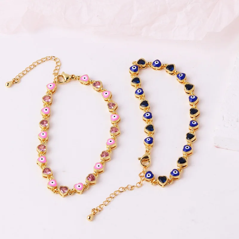 Wholesale colorful cute dripping oil small eyes sweet heart shape zircon enamel beaded chain bracelet for women girl