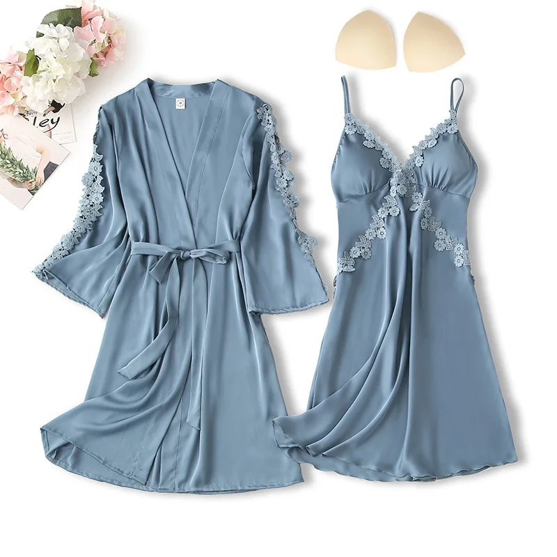 Women Lace Satin 2pcs Pajamas set Silk Sexy Nightgown for Bride