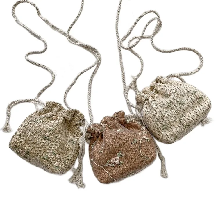 New Novelties 2024 Famous Brand Women Shoulder Crossbody Bag Handbag Crochet Straw Mini Side Bags Handmade Drawstring Bucket Bag
