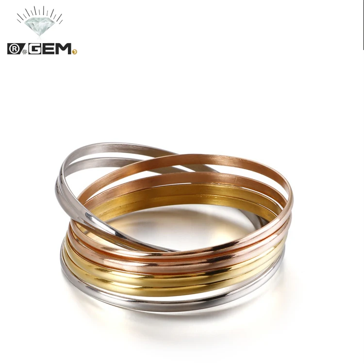 R.GEM.  Plating 18 K Gold 3 Colors 7 Pieces/set Stainless Steel Bangle Set for Women