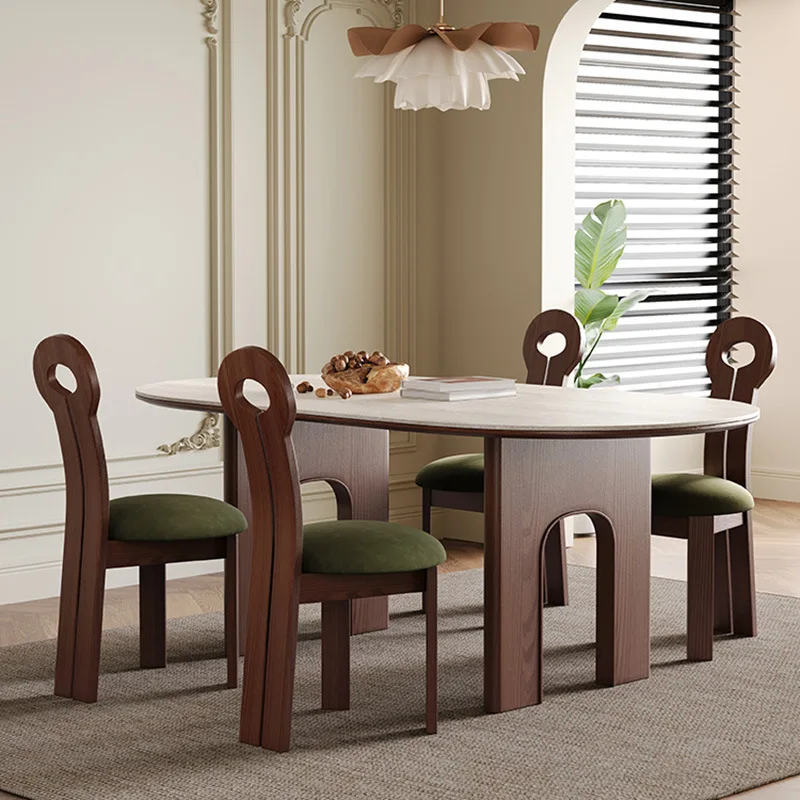 Modern french Vintage Arch Oval Wooden Cave Dining Table Set 6 Seater Retro Walnut restaurant eating chair dining room furniture