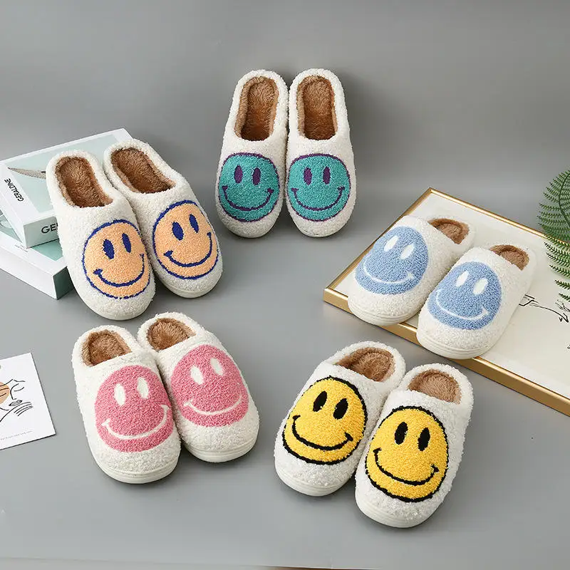 Guaranteed Quality 4 Colors Indoor Fluffy Slippers Smile Face Pattern Fur Slippers Cute Cartoon Warm Short Plush Shoes