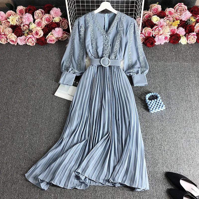 Premium Elegant Lady High-End Round Neck Waist Trimming Dress Autumn Winter New Patchwork Lace Puff Sleeve Chiffon Casual Dress