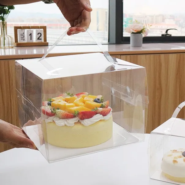 2 - 8 Inch Mini Dessert Package Container High Clear Plastic Cake Box With Handle And White Paper Plate