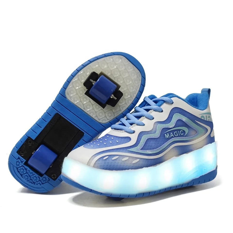 Kids Light Up Roller Sneakers Shoes With Two Retractable Wheels Outdoor Sports Inline Skate For Girls Boys