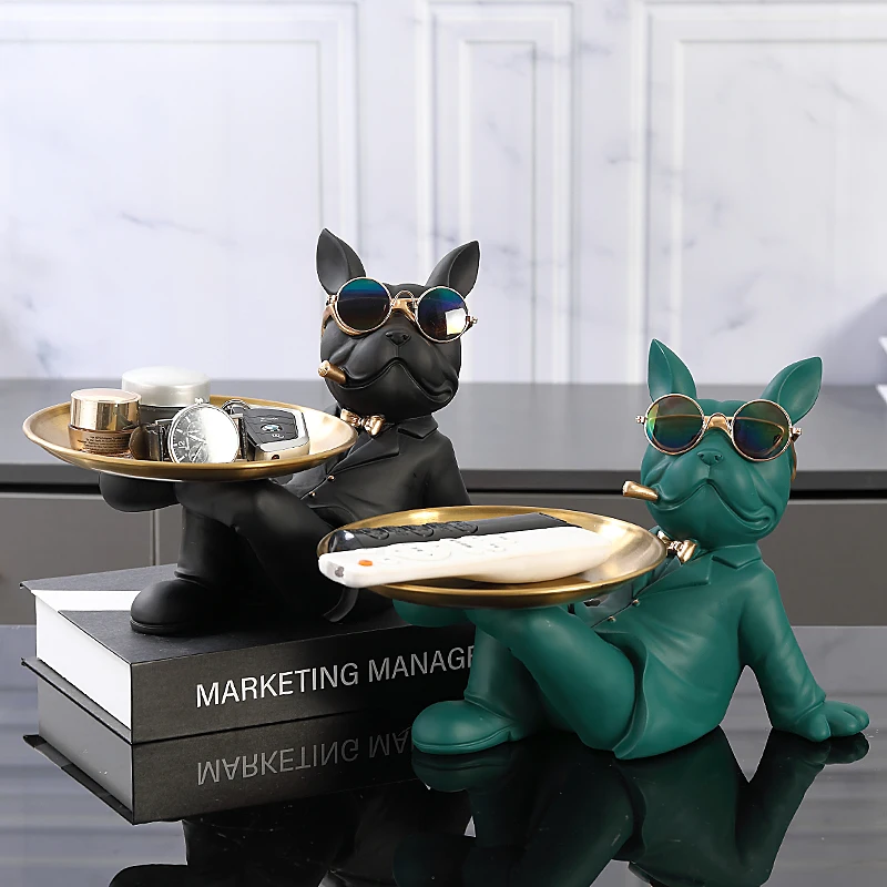 Cool French Bulldog Statue with Glasses Holder Metal Tray Piggy bank  Anime Figurine Craft Ornament Resin Decor Gift