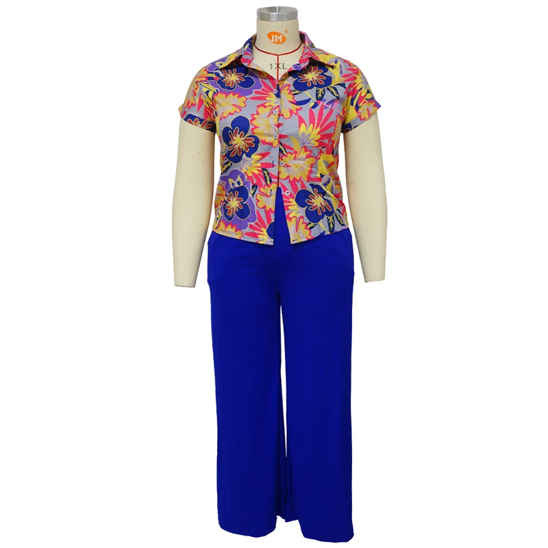 Wholesale Women Plus Size Summer 2 Piece Short Sleeve Shirt Blouse and Pants Set Outfit Clothes Clothing for Women Plus Size