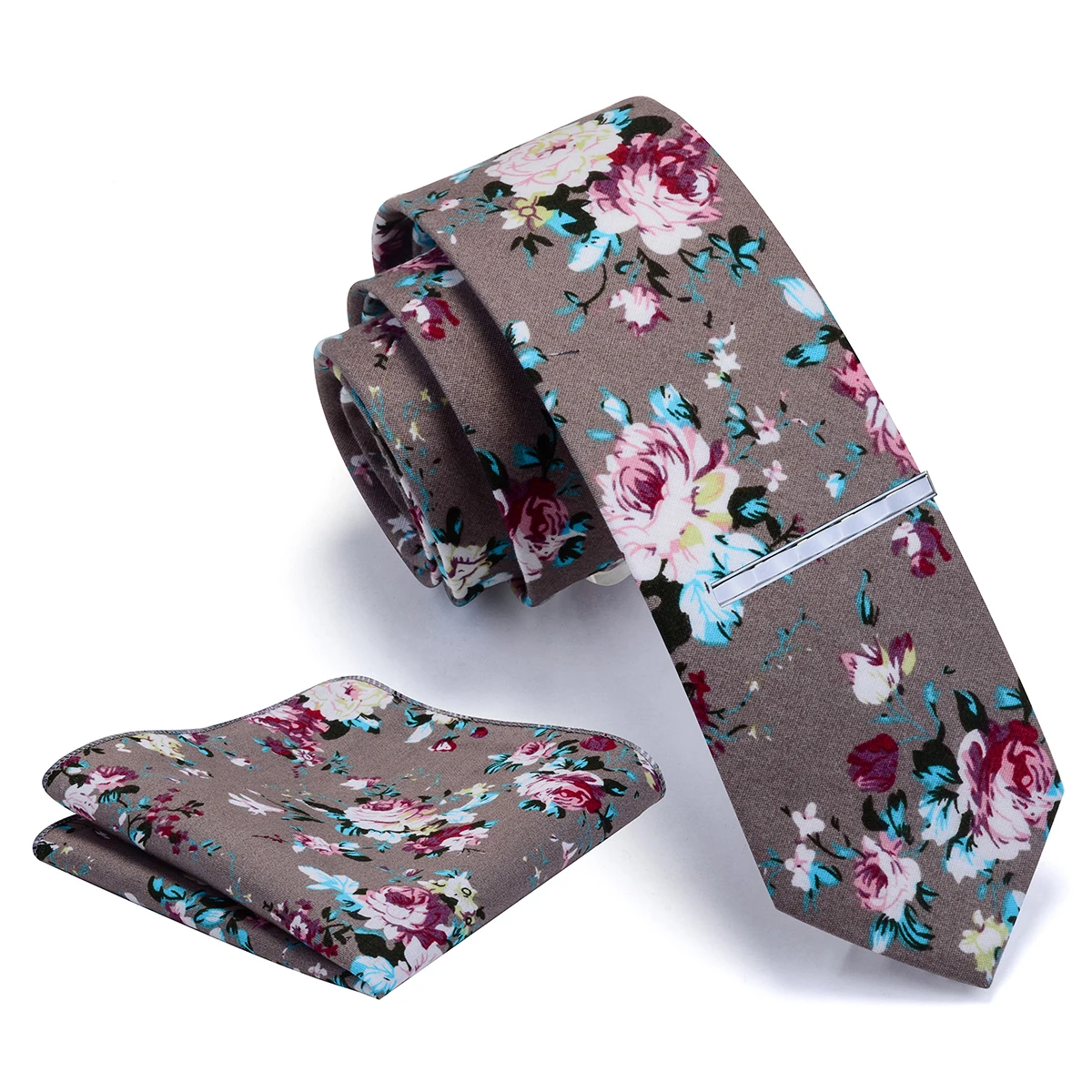 Wholesale Mens Cotton Printed Floral Skinny Neck Ties 6cm Necktie with Pocket Square Hanky Tie Clip Set