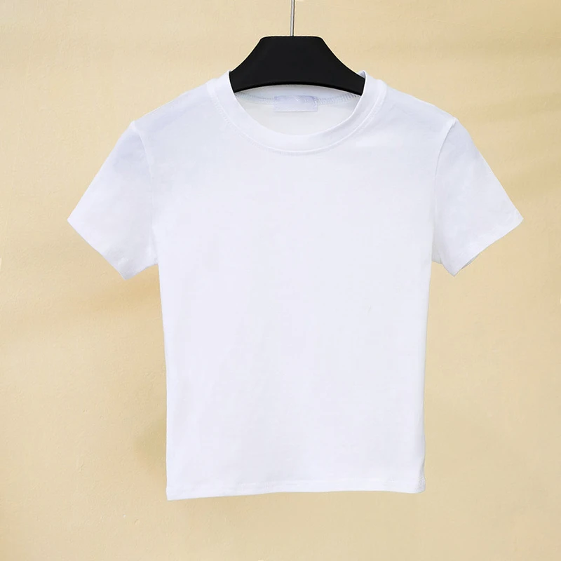 Custom Logo 100%cotton Blank O-Neck tshirt Short Sleeve Print Super White T-Shirts Summer Plain Tight Crop Tops For Women