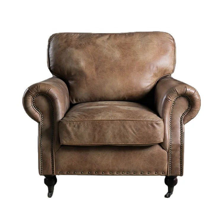 Vintage Leather Retro Arm Chair Restaurant Wooden Modern