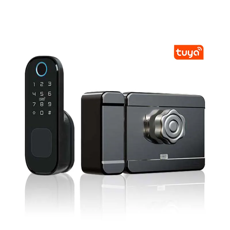 FXL TuYa Waterproof Outdoor Smart IP65 Fingerprint Door Lock Digital IC Card Rim Electronic Motise Lock WiFi Knob
