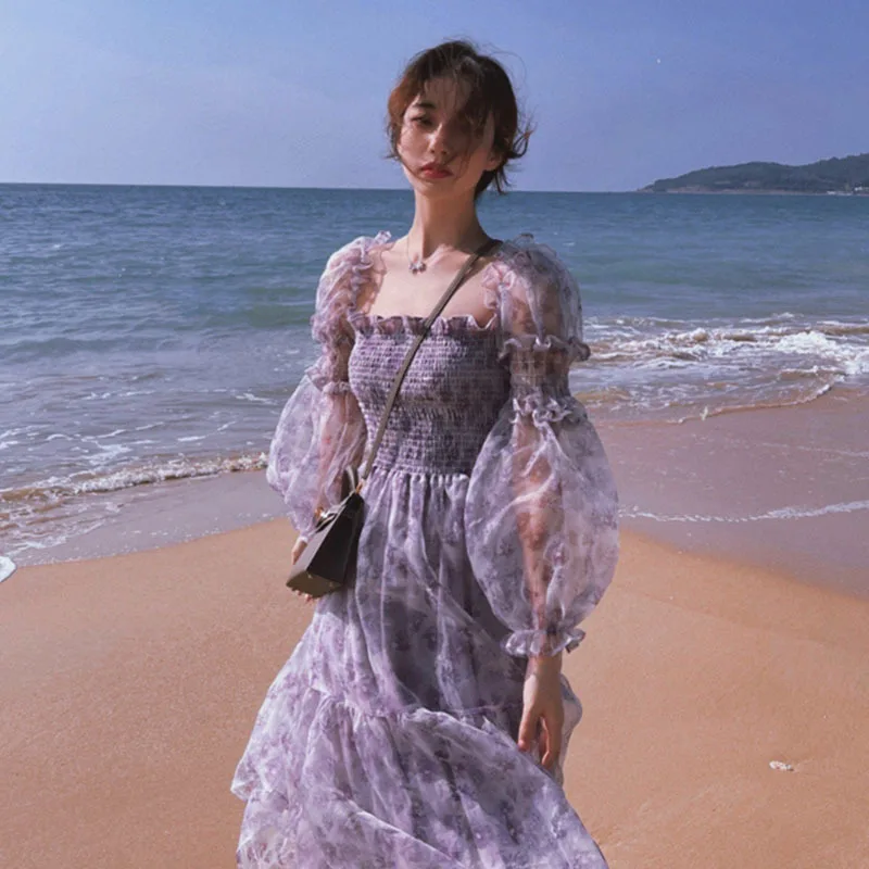 Boho Beach Floral Summer Dress Elegant Lace Puff Sleeve Midi Dress Women Square Collar Female Party One Piece Dress Korean