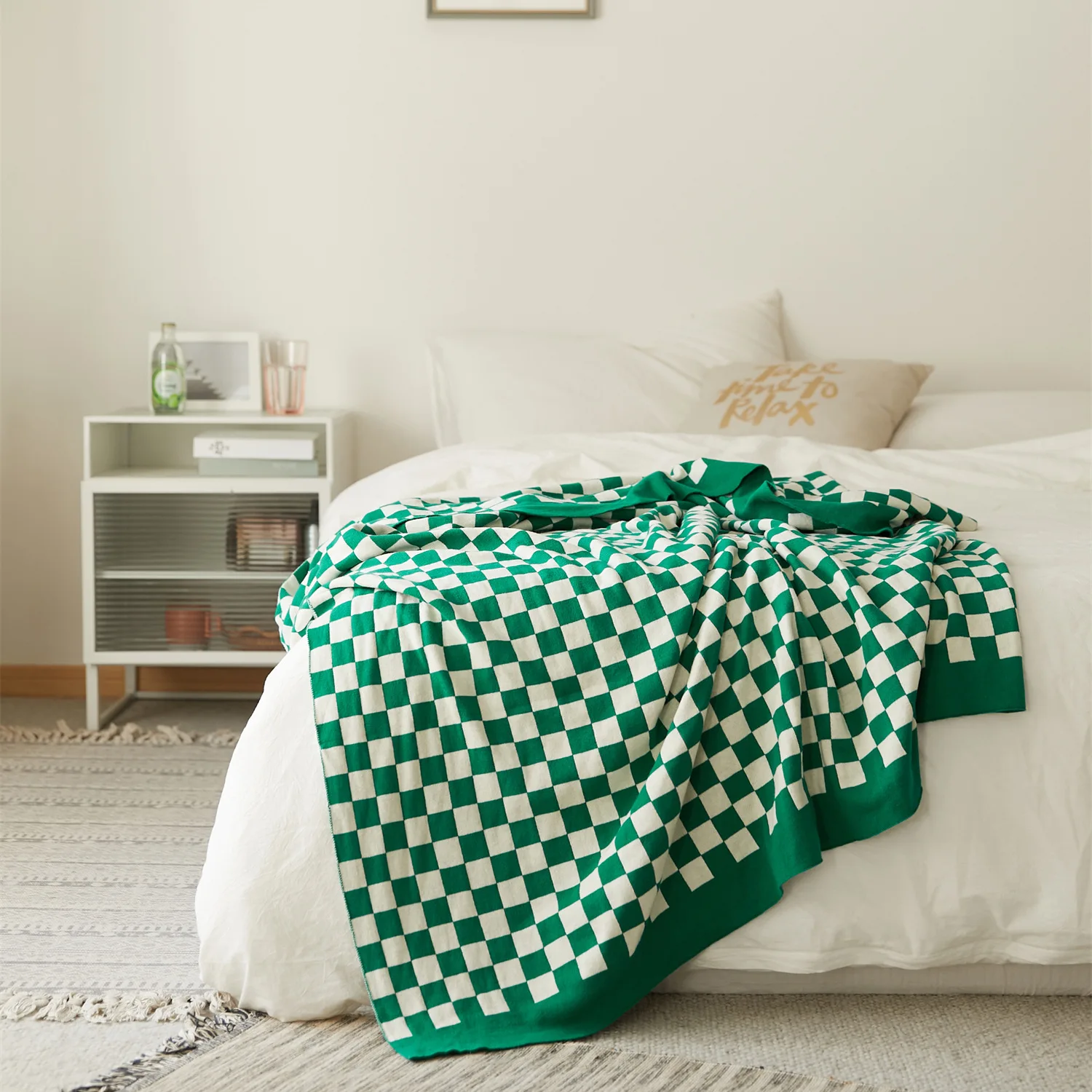 Winter Checkerboard Vintage Design Cashmere Touched Super Soft Thick Warming Knitted Blanket Cover Blanket