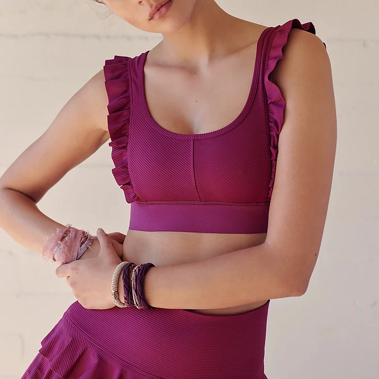 OEM New Arrival Gym Workout Push Up Sports Wear Breathable Plain Ruffle Top Fitness Ribbed Yoga Bra for Women
